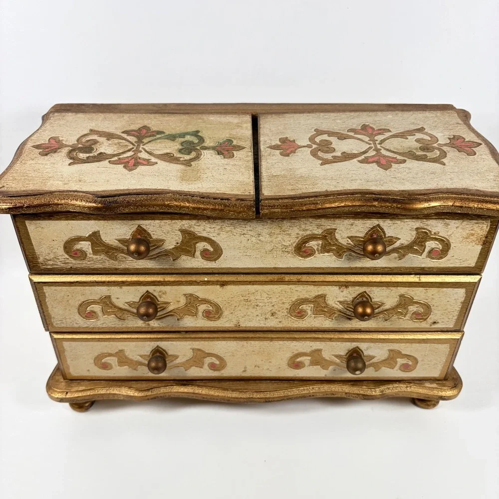 1970s Florentine Style Wooden Music Jewelry Chest Box Japan Love Story